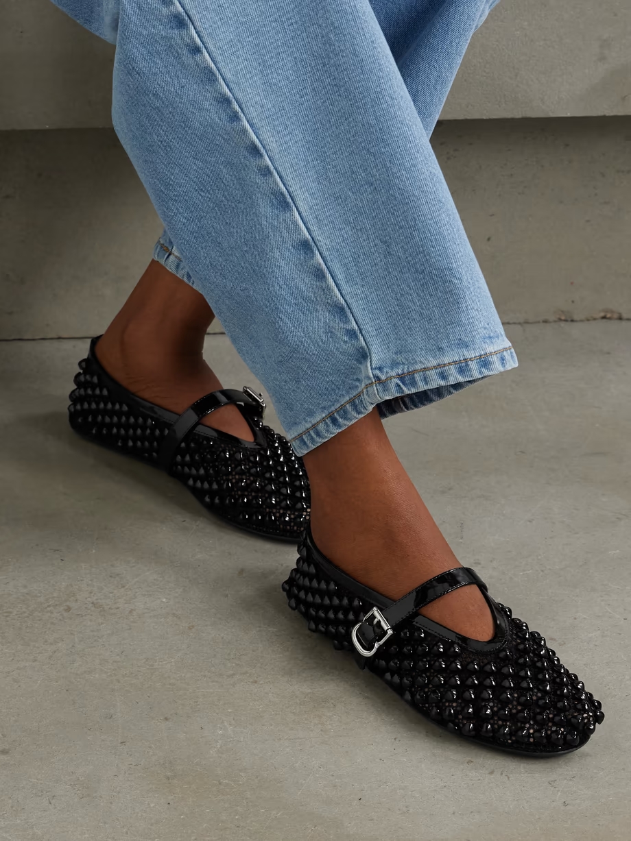 Patent leather-trimmed studded mesh ballet flats Patent leather-trimmed studded mesh ballet flats