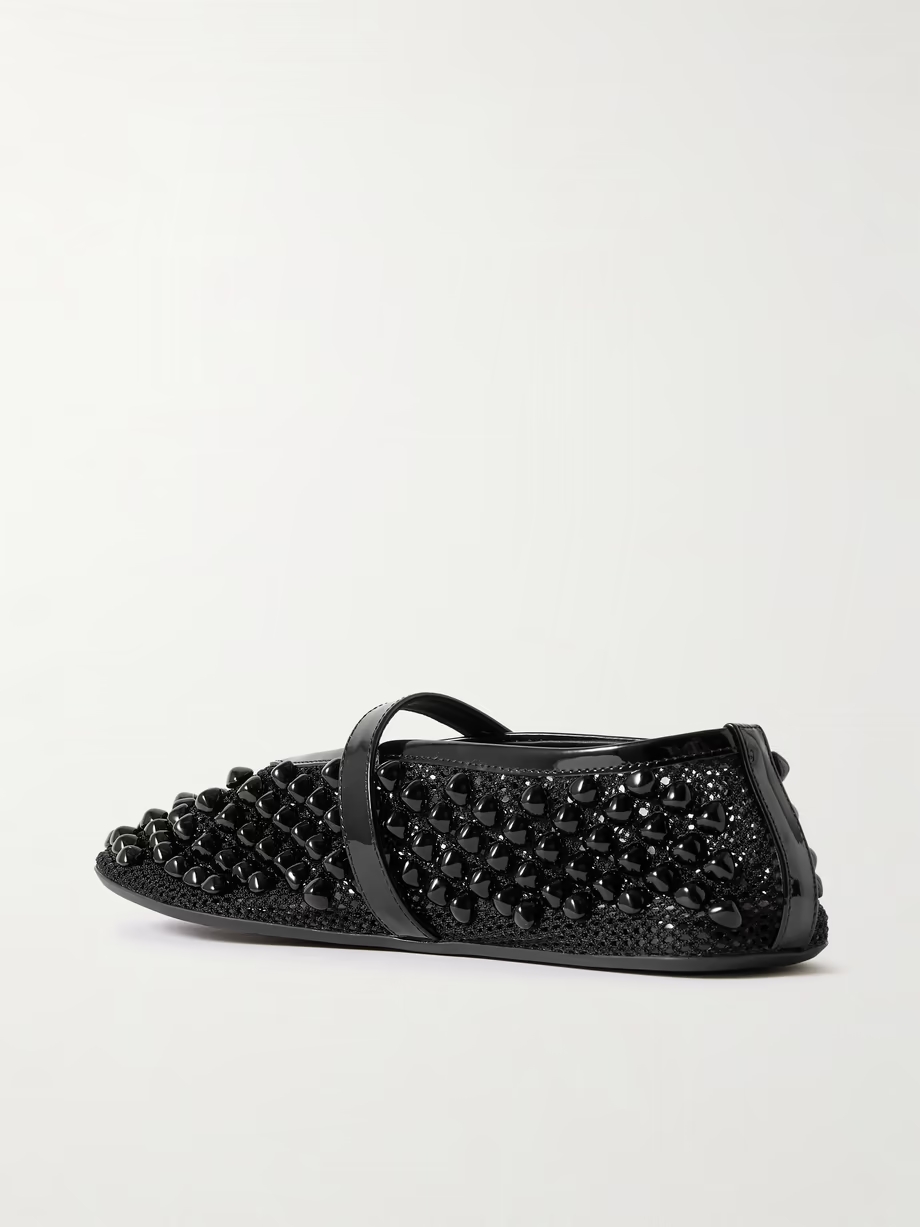 Patent leather-trimmed studded mesh ballet flats Patent leather-trimmed studded mesh ballet flats