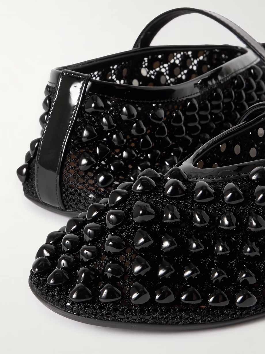 Patent leather-trimmed studded mesh ballet flats Patent leather-trimmed studded mesh ballet flats