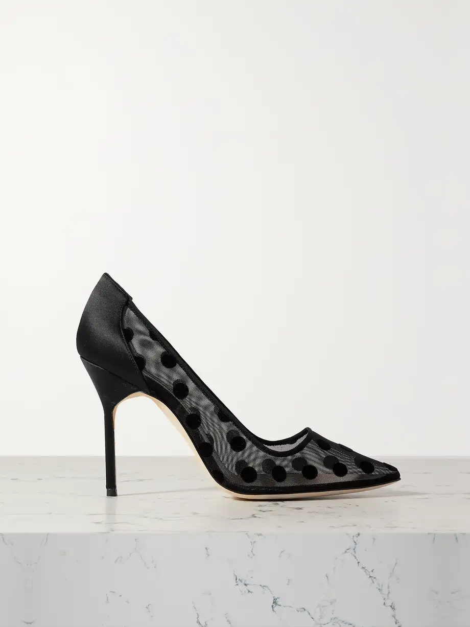 BBLA 105 satin-trimmed polka-dot flocked mesh pumps BBLA 105 satin-trimmed polka-dot flocked mesh pumps