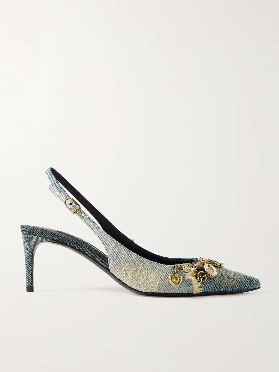 Embellished frayed distressed denim slingback pumps Embellished frayed distressed denim slingback pumps