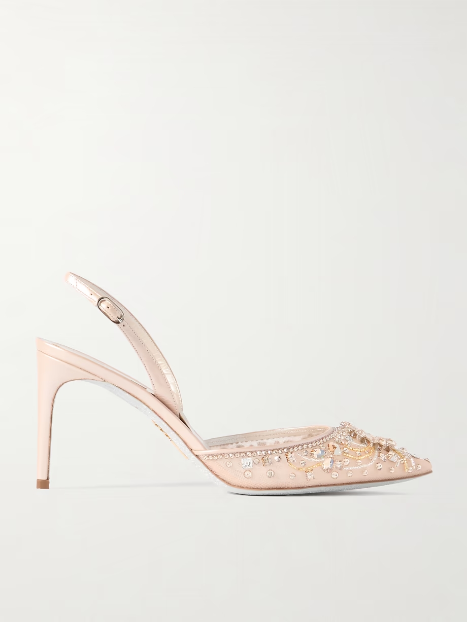 Crystal-embellished leather and tulle slingback pumps Crystal-embellished leather and tulle slingback pumps