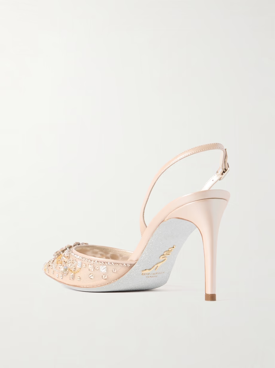Crystal-embellished leather and tulle slingback pumps Crystal-embellished leather and tulle slingback pumps