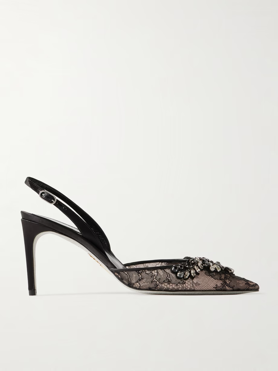 Crystal-embellished lace and satin slingback pumps Crystal-embellished lace and satin slingback pumps