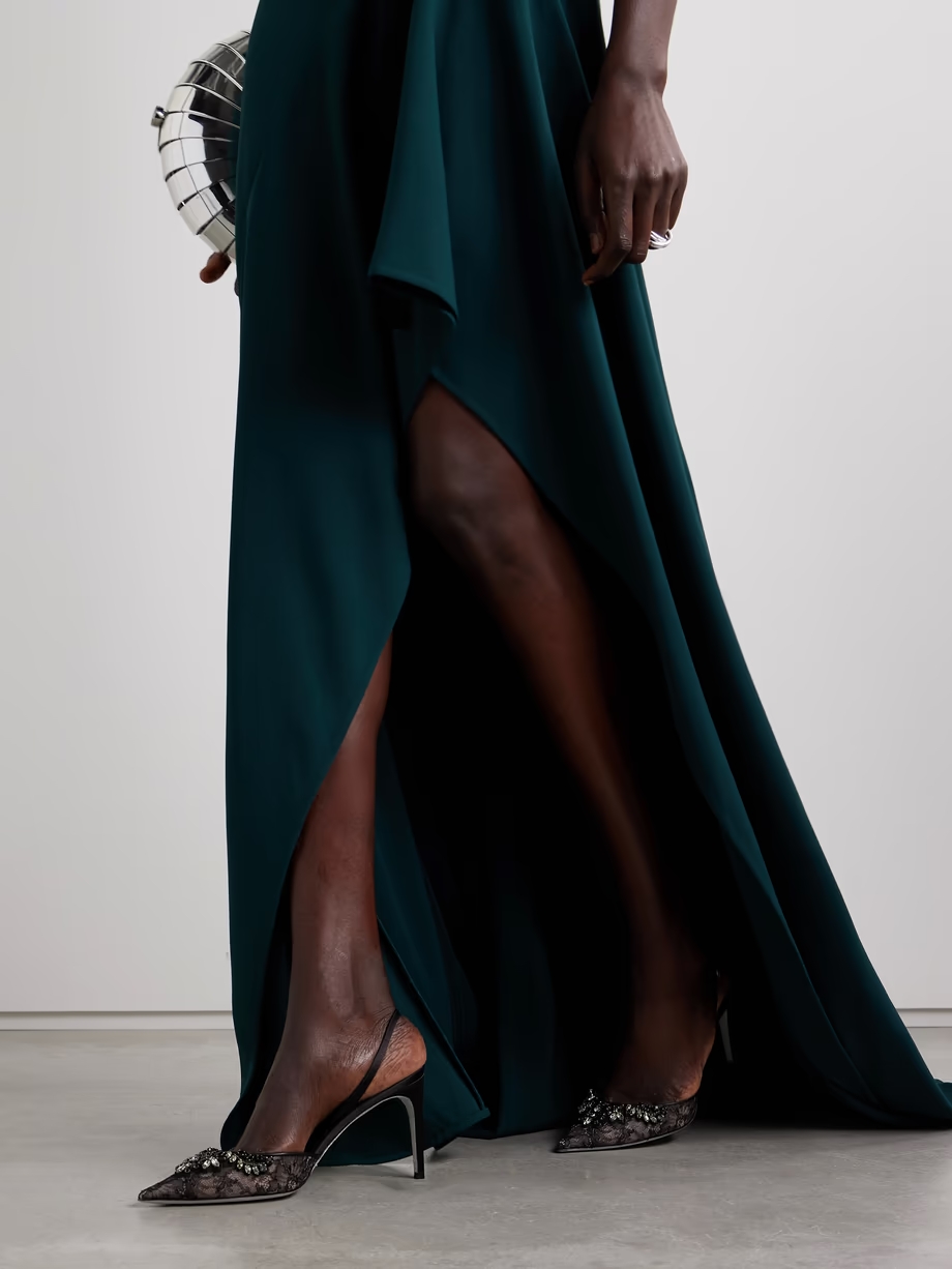 Crystal-embellished lace and satin slingback pumps Crystal-embellished lace and satin slingback pumps