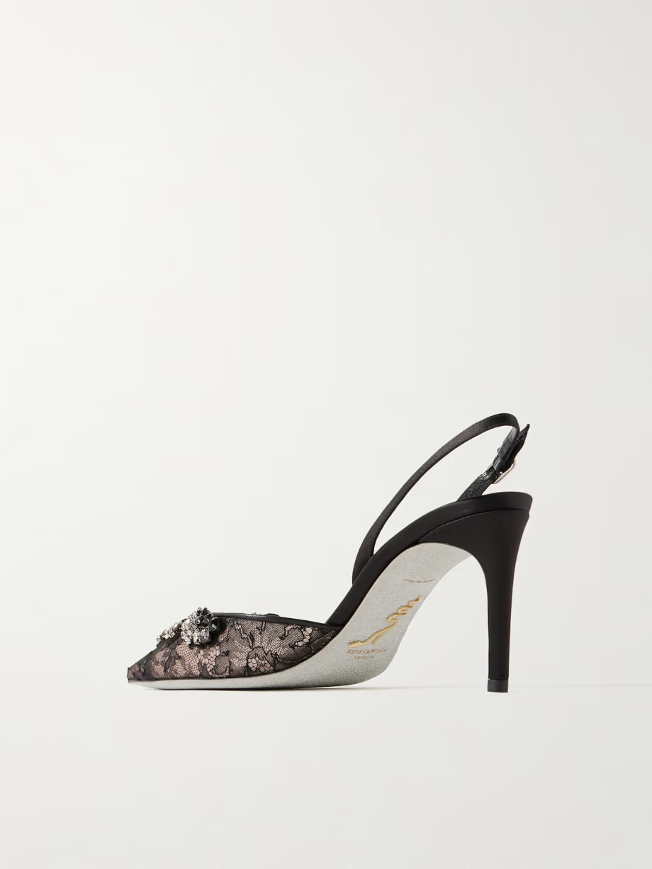 Crystal-embellished lace and satin slingback pumps Crystal-embellished lace and satin slingback pumps