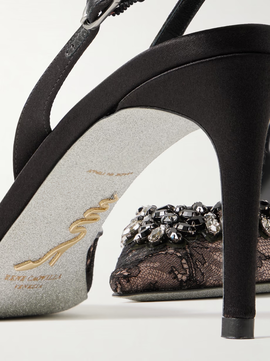 Crystal-embellished lace and satin slingback pumps Crystal-embellished lace and satin slingback pumps