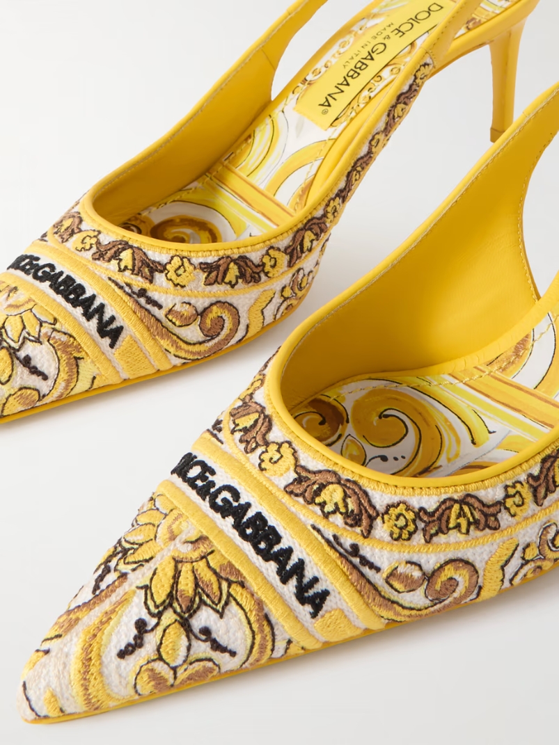 Maiolica Lollo leather-trimmed canvas-jacquard slingback pumps Maiolica Lollo leather-trimmed canvas-jacquard slingback pumps