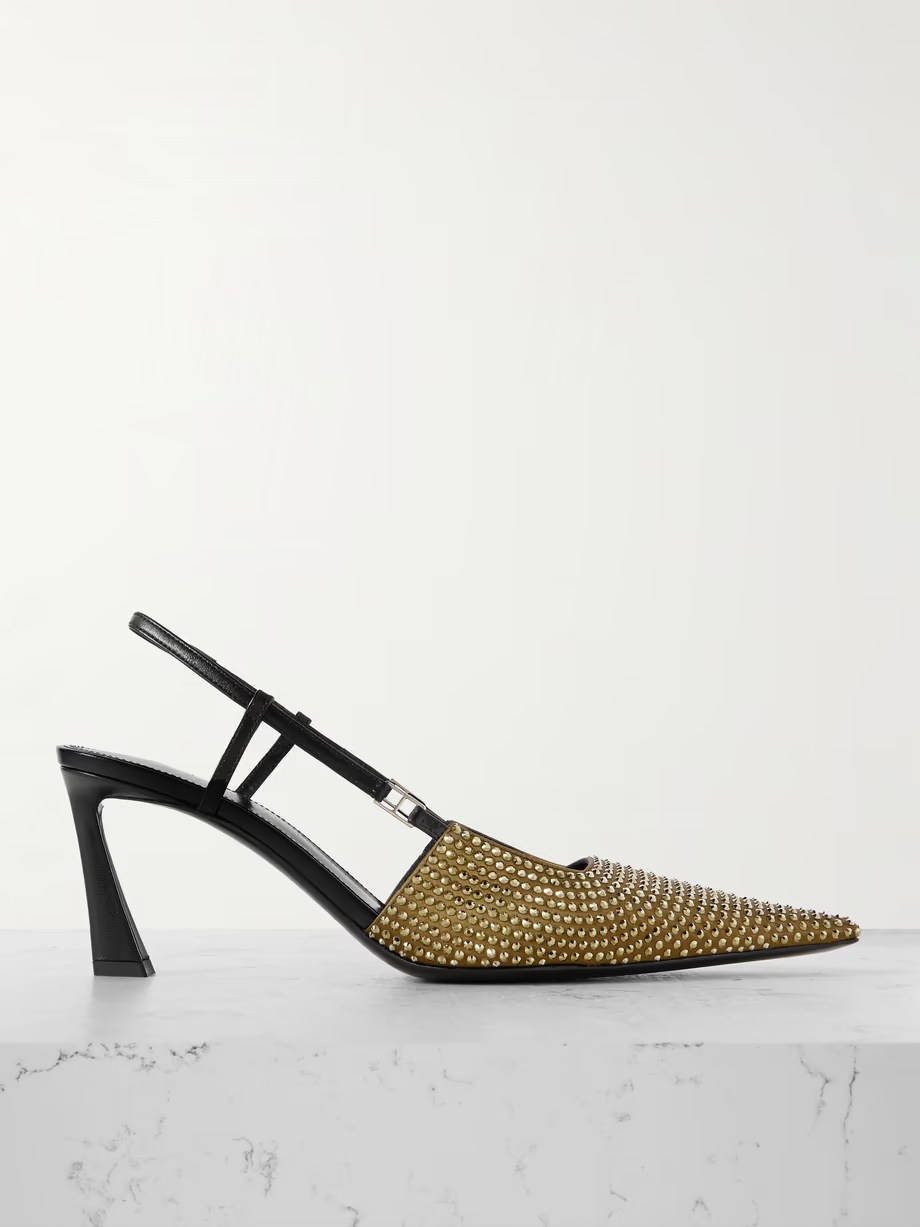 Andree crystal-embellished satin and leather slingback pumps Andree crystal-embellished satin and leather slingback pumps