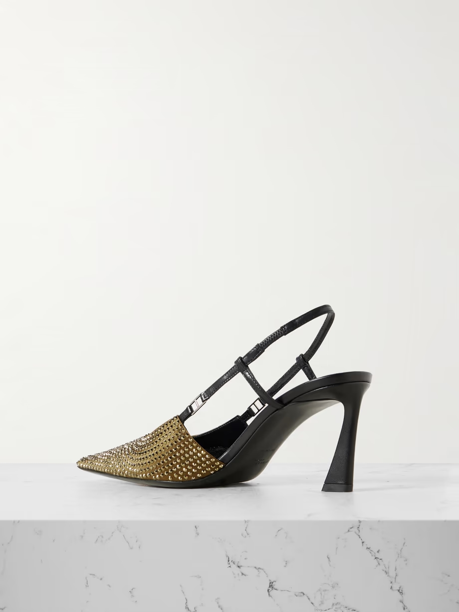 Andree crystal-embellished satin and leather slingback pumps Andree crystal-embellished satin and leather slingback pumps