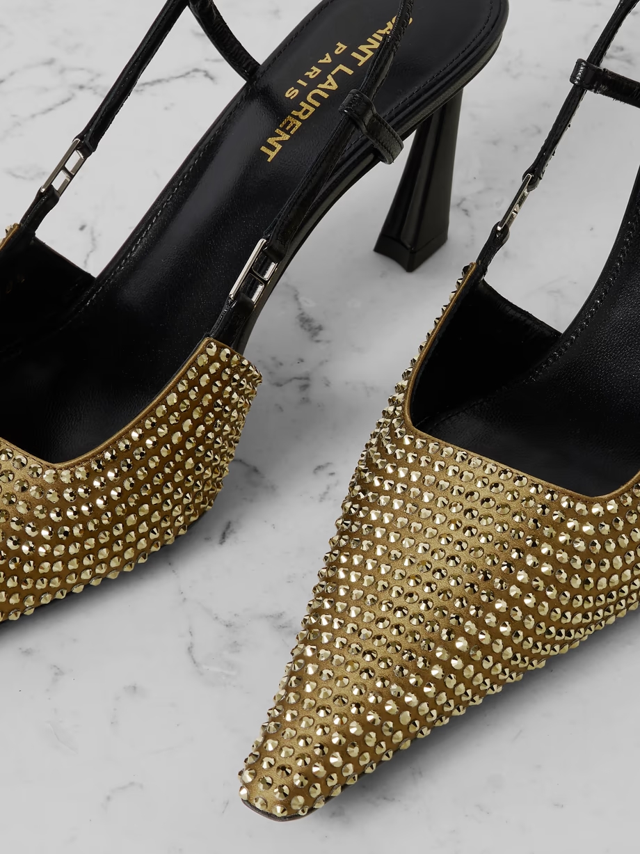 Andree crystal-embellished satin and leather slingback pumps Andree crystal-embellished satin and leather slingback pumps