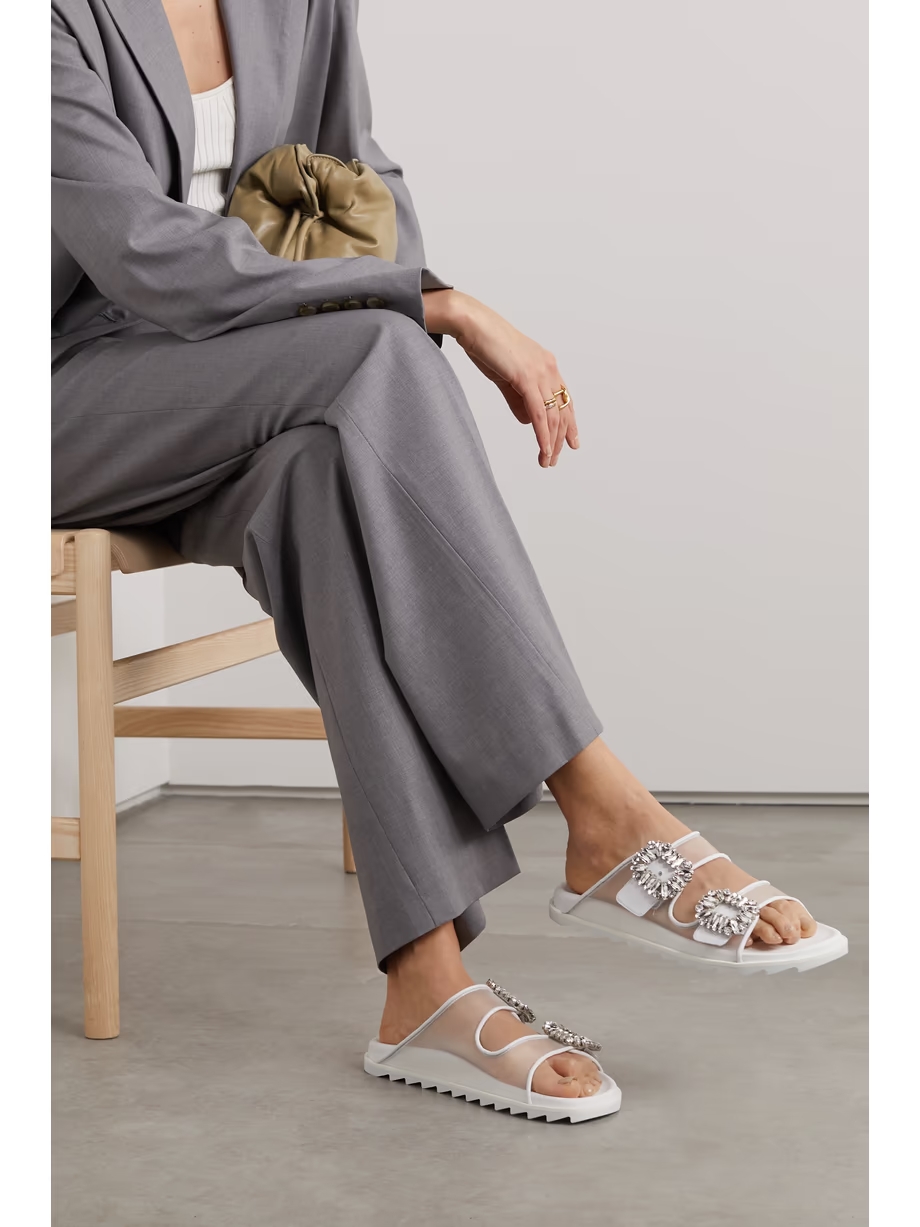 Slidy Viv crystal-embellished leather-trimmed mesh slides Slidy Viv crystal-embellished leather-trimmed mesh slides