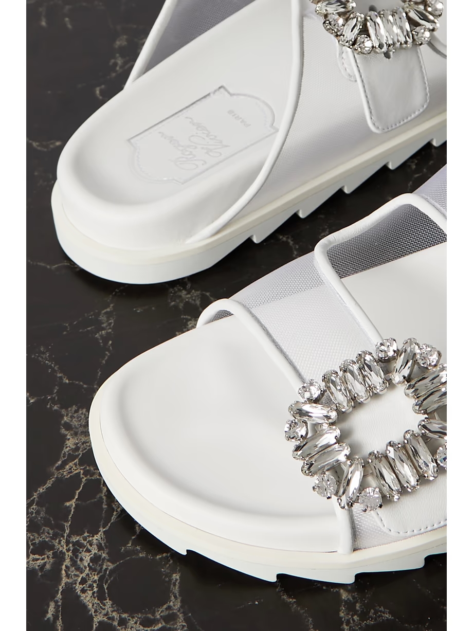 Slidy Viv crystal-embellished leather-trimmed mesh slides Slidy Viv crystal-embellished leather-trimmed mesh slides
