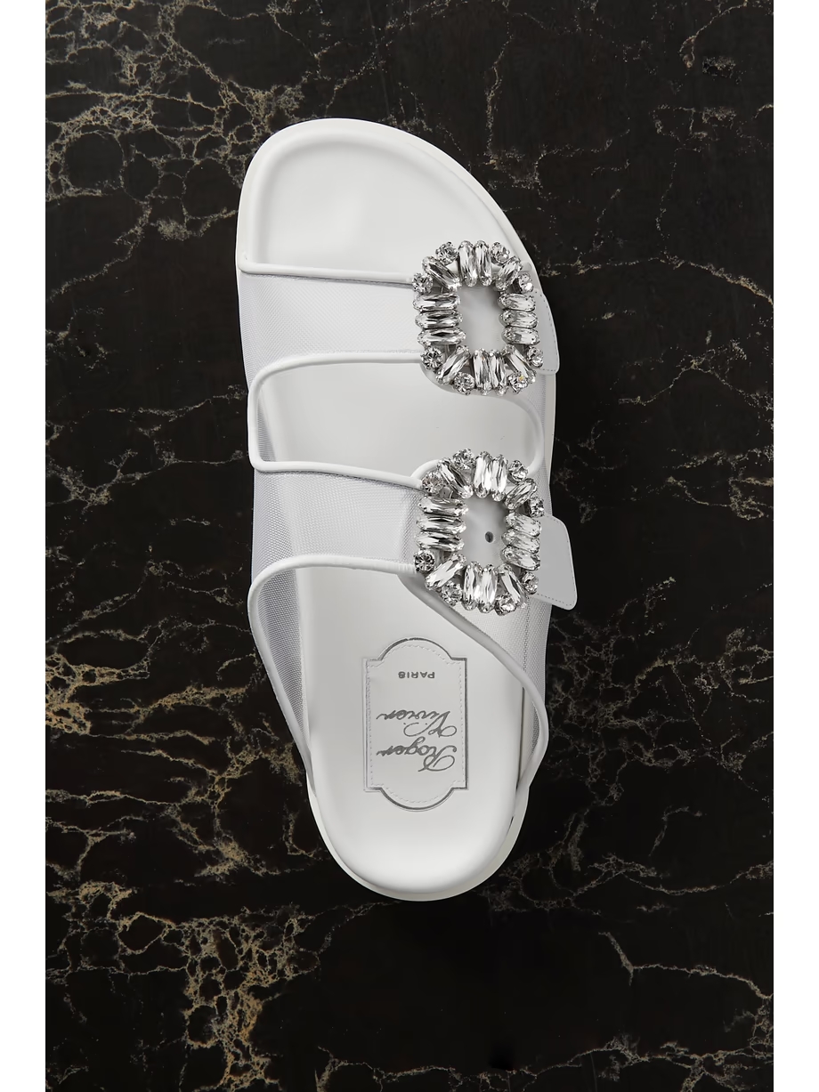 Slidy Viv crystal-embellished leather-trimmed mesh slides Slidy Viv crystal-embellished leather-trimmed mesh slides
