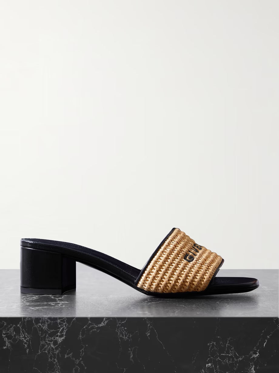 4G leather-trimmed embroidered raffia mules 4G leather-trimmed embroidered raffia mules
