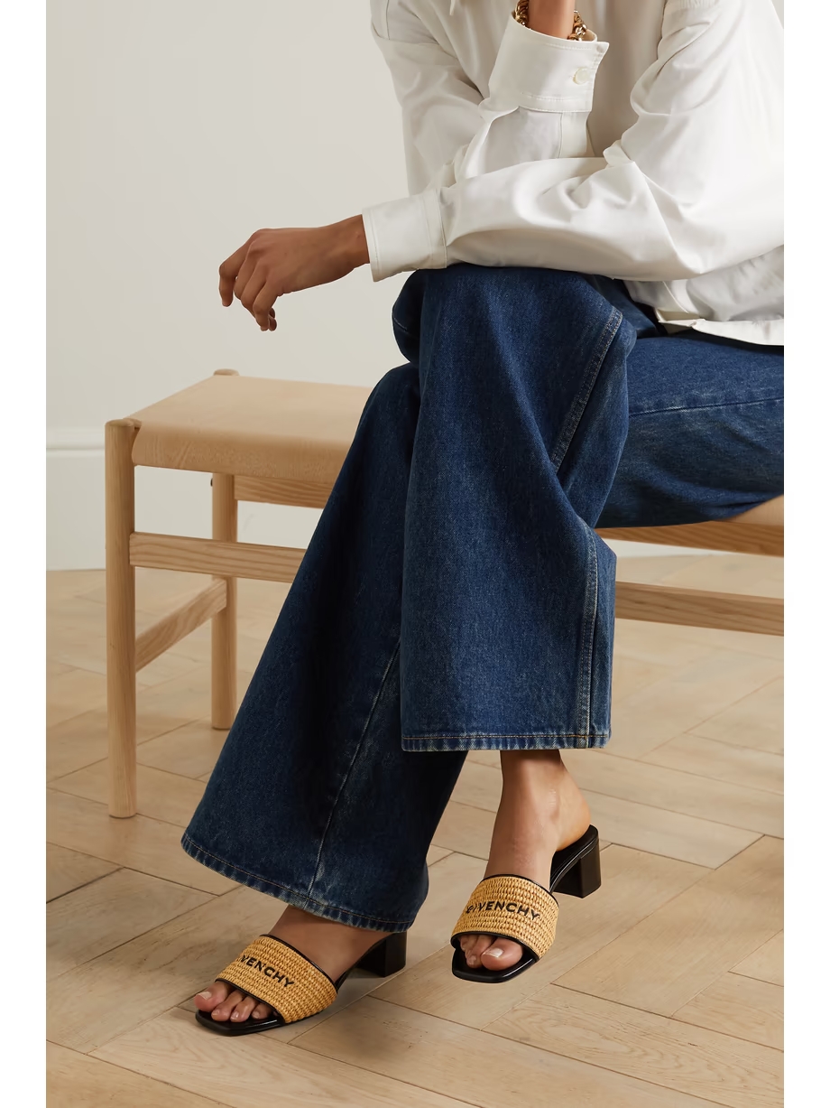 4G leather-trimmed embroidered raffia mules 4G leather-trimmed embroidered raffia mules