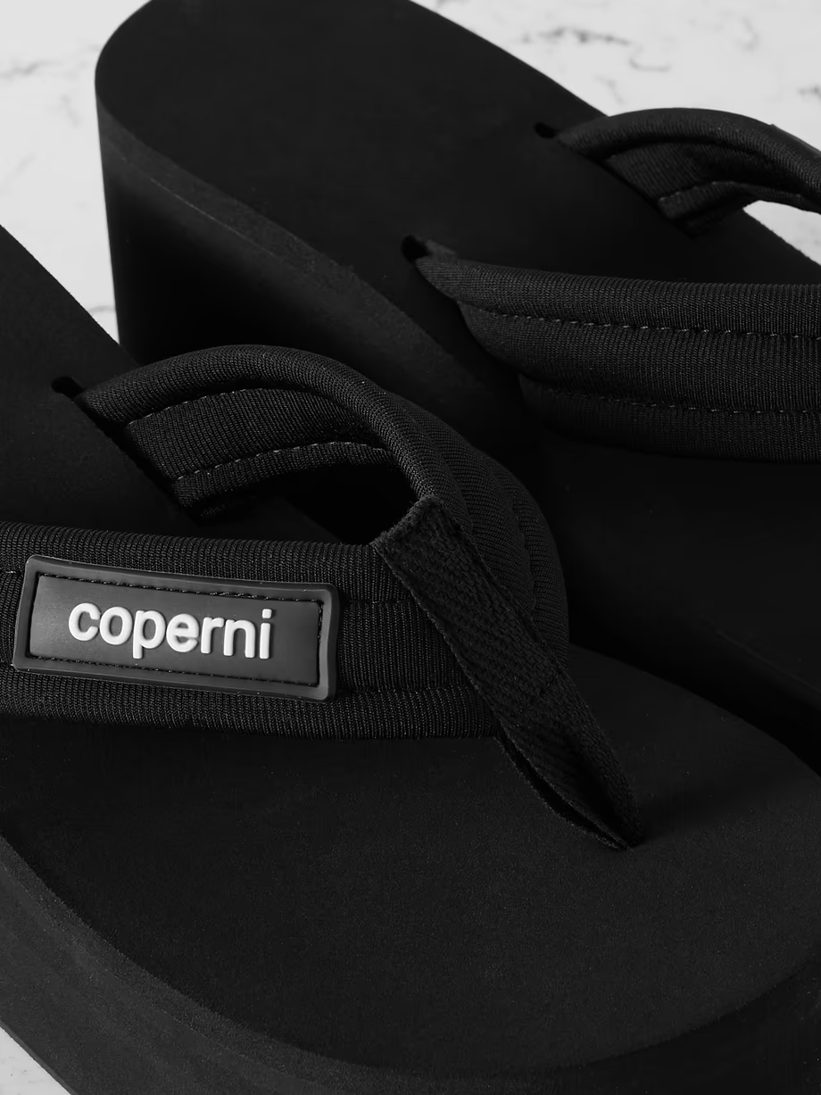 Logo-appliquéd webbing wedge flip flops Logo-appliquéd webbing wedge flip flops