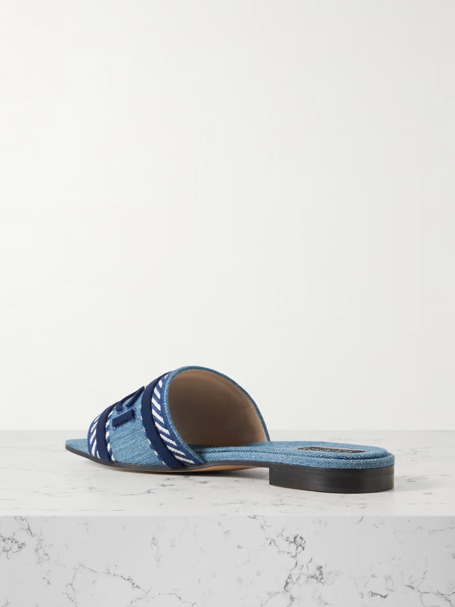 Jane velvet-trimmed embroidered denim slides Jane velvet-trimmed embroidered denim slides