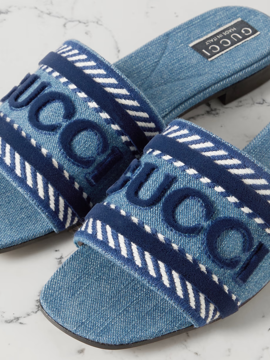 Jane velvet-trimmed embroidered denim slides Jane velvet-trimmed embroidered denim slides