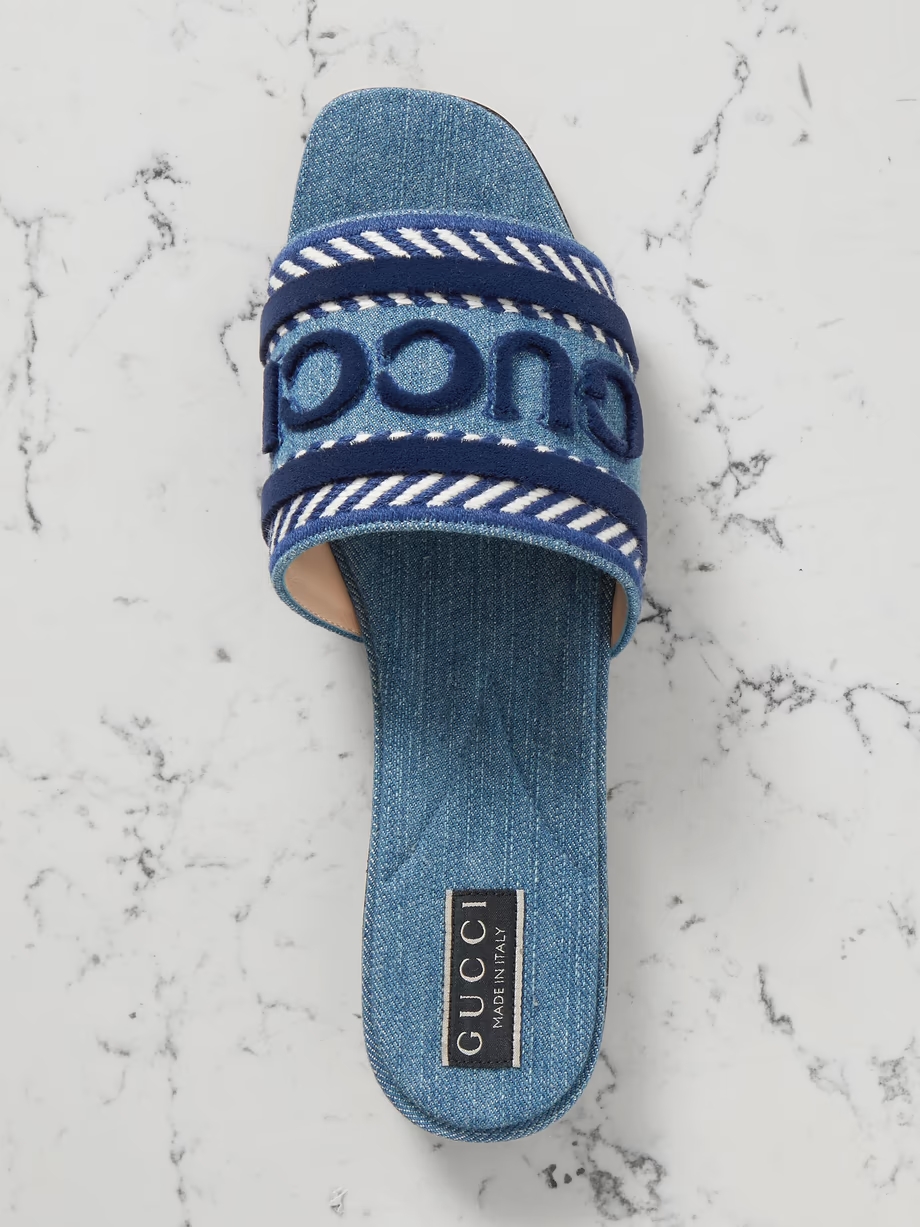 Jane velvet-trimmed embroidered denim slides Jane velvet-trimmed embroidered denim slides