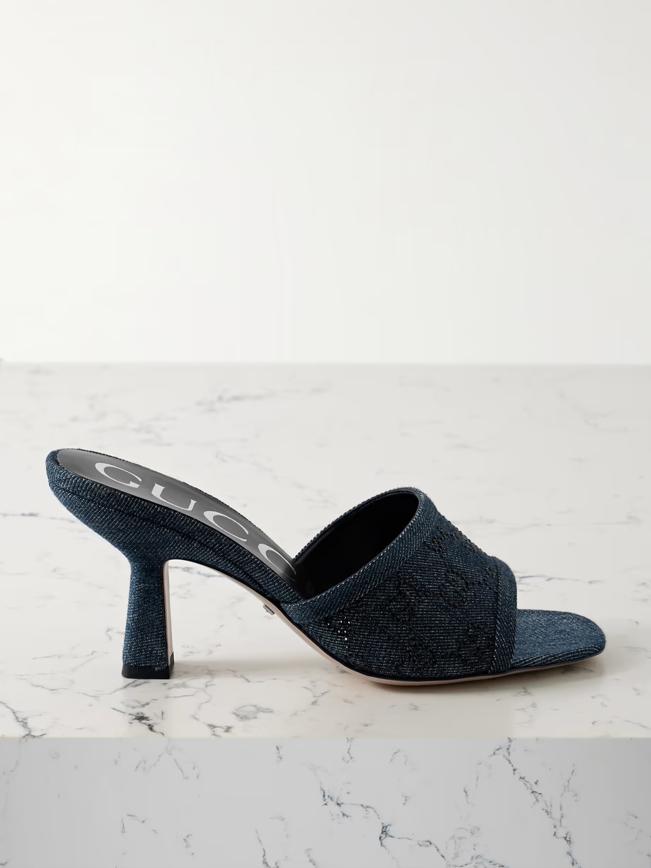 Demi crystal-embellished denim mules Demi crystal-embellished denim mules