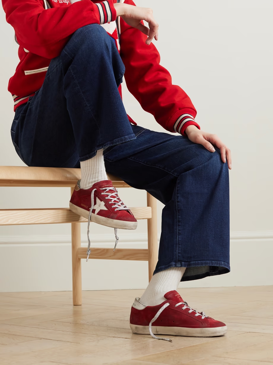 Super-star distressed metallic leather-trimmed suede sneakers Super-star distressed metallic leather-trimmed suede sneakers