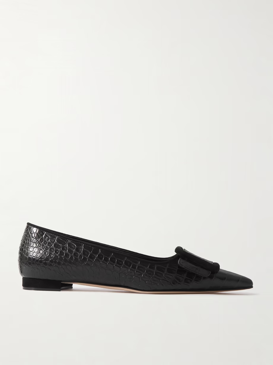 Maysale 10 buckled suede-trimmed croc-effect leather point-toe flats Maysale 10 buckled suede-trimmed croc-effect leather point-toe flats