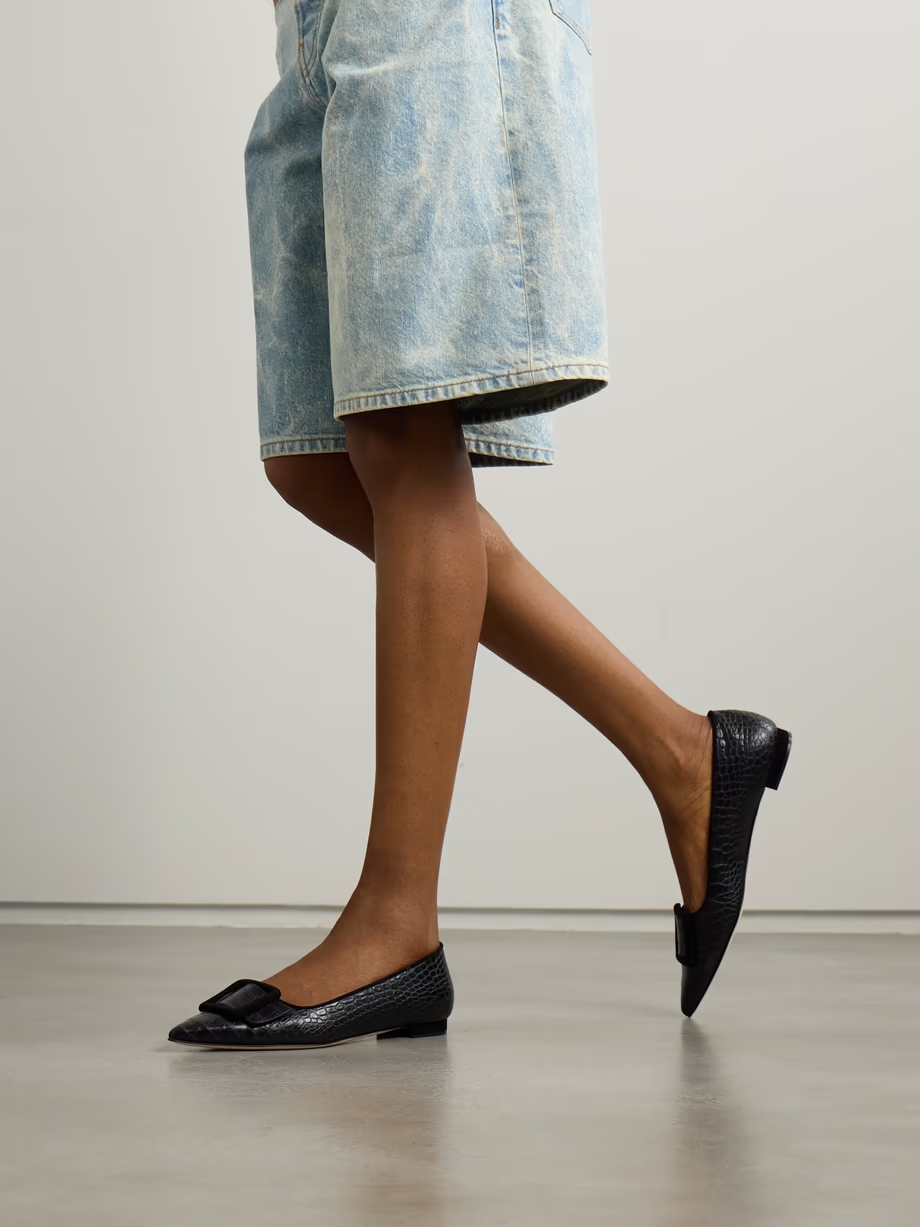 Maysale 10 buckled suede-trimmed croc-effect leather point-toe flats Maysale 10 buckled suede-trimmed croc-effect leather point-toe flats