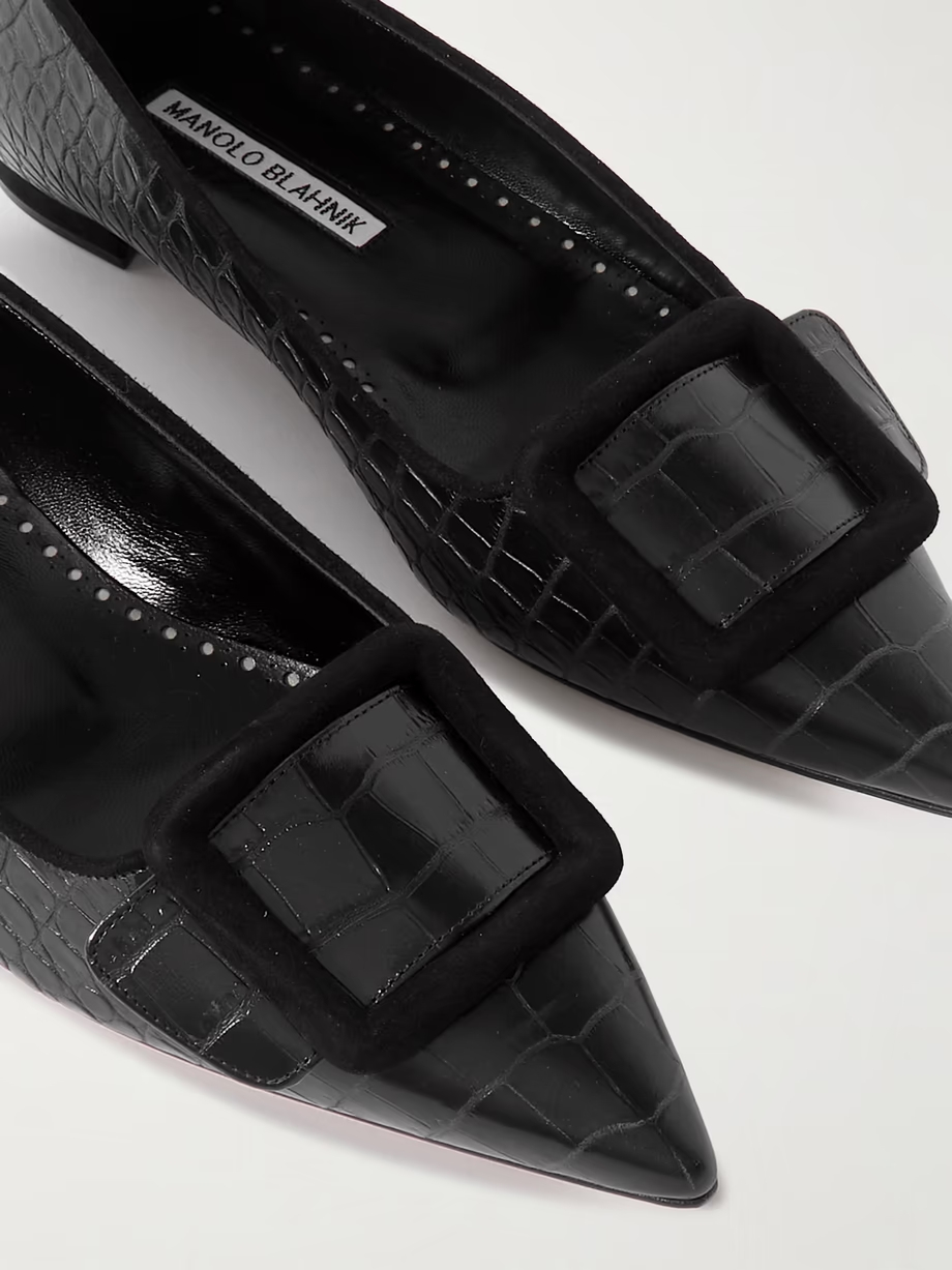 Maysale 10 buckled suede-trimmed croc-effect leather point-toe flats Maysale 10 buckled suede-trimmed croc-effect leather point-toe flats