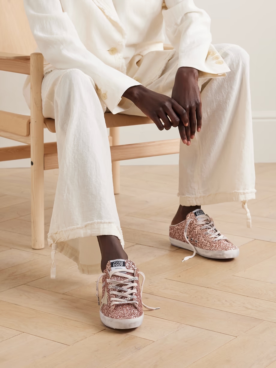 Super-Star Sabot distressed suede-trimmed glittered leather slip-on sneakers Super-Star Sabot distressed suede-trimmed glittered leather slip-on sneakers