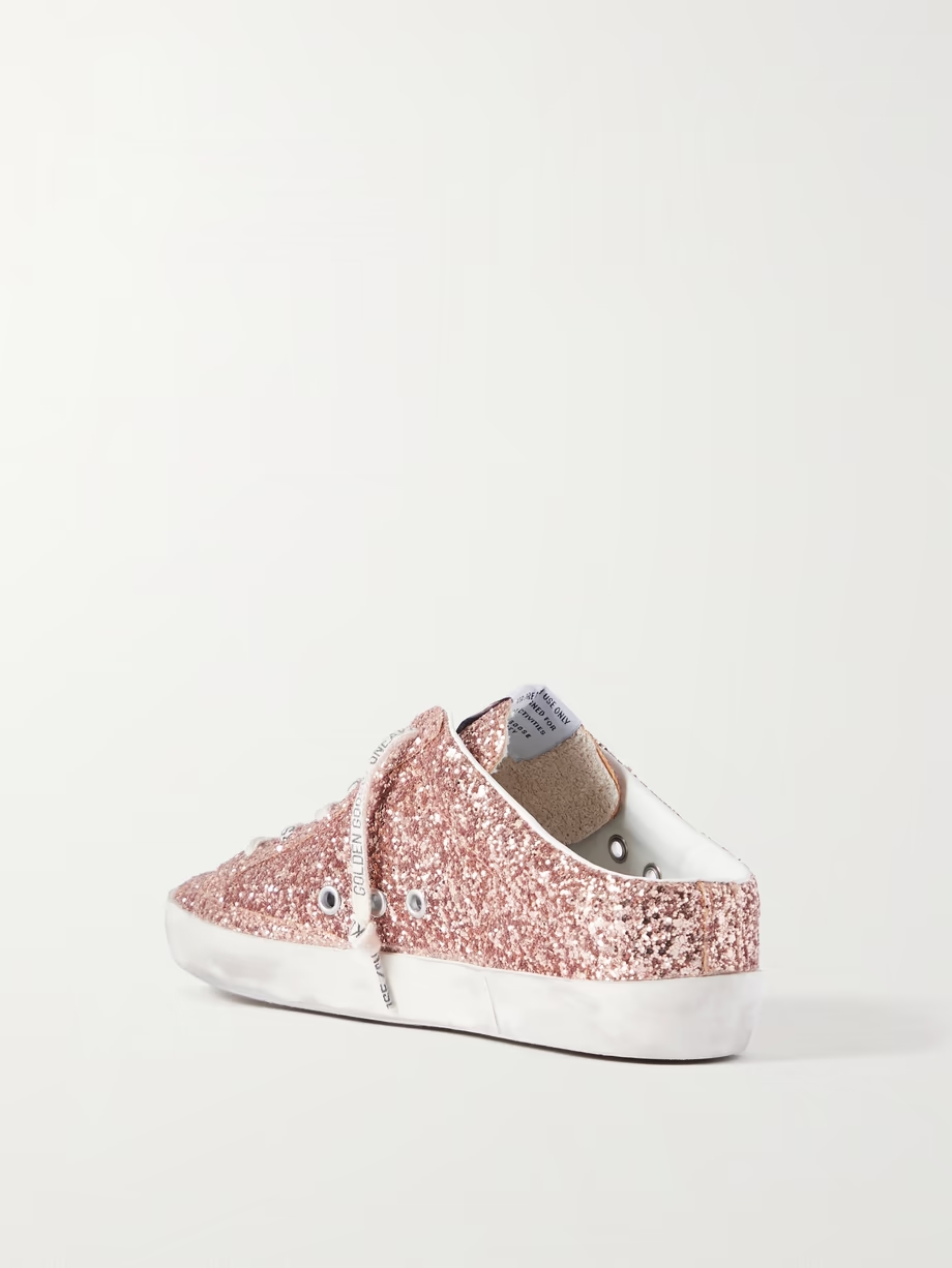 Super-Star Sabot distressed suede-trimmed glittered leather slip-on sneakers Super-Star Sabot distressed suede-trimmed glittered leather slip-on sneakers