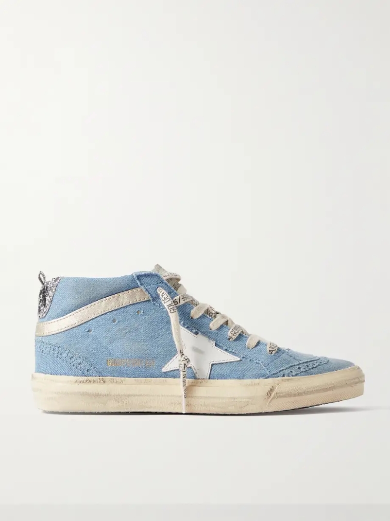 Mid Star glittered leather-trimmed distressed denim high-top sneakers Mid Star glittered leather-trimmed distressed denim high-top sneakers