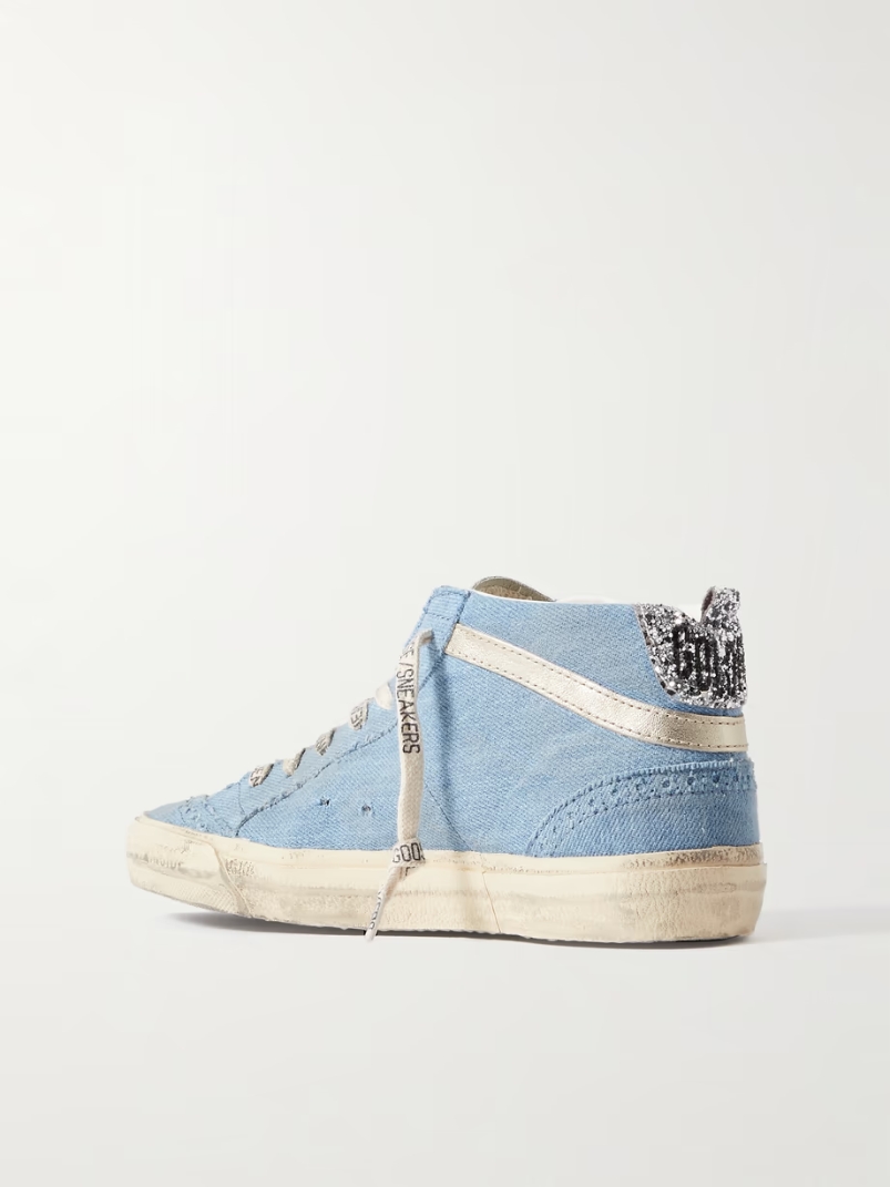 Mid Star glittered leather-trimmed distressed denim high-top sneakers Mid Star glittered leather-trimmed distressed denim high-top sneakers