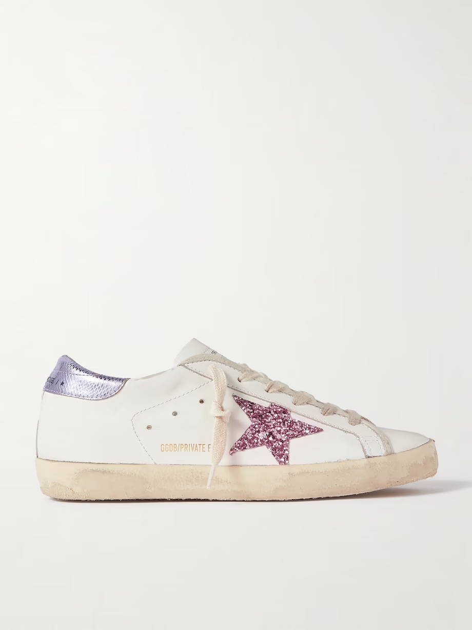 Superstar glittered distressed snake-effect trimmed leather sneakers Superstar glittered distressed snake-effect trimmed leather sneakers