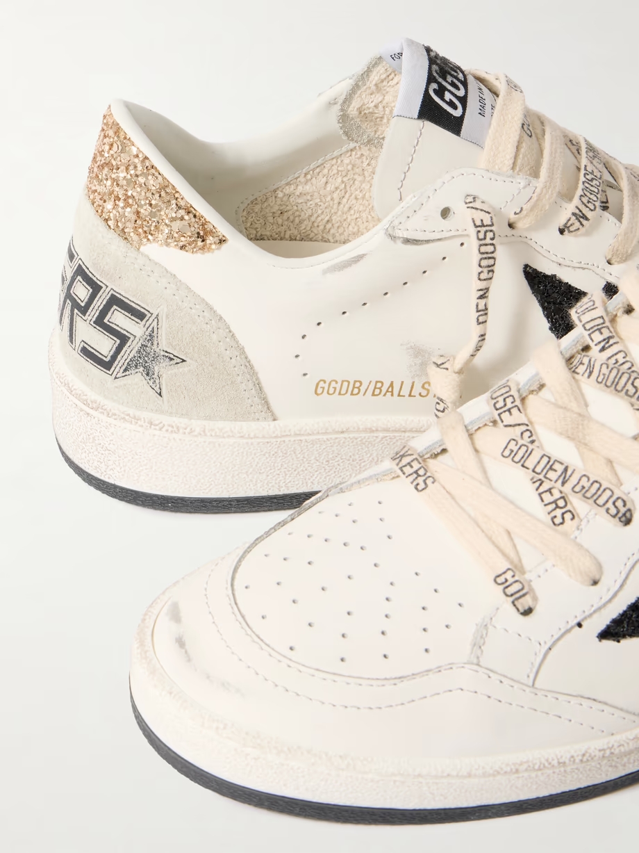 Ball Star distressed glittered suede-trimmed leather sneakers Ball Star distressed glittered suede-trimmed leather sneakers