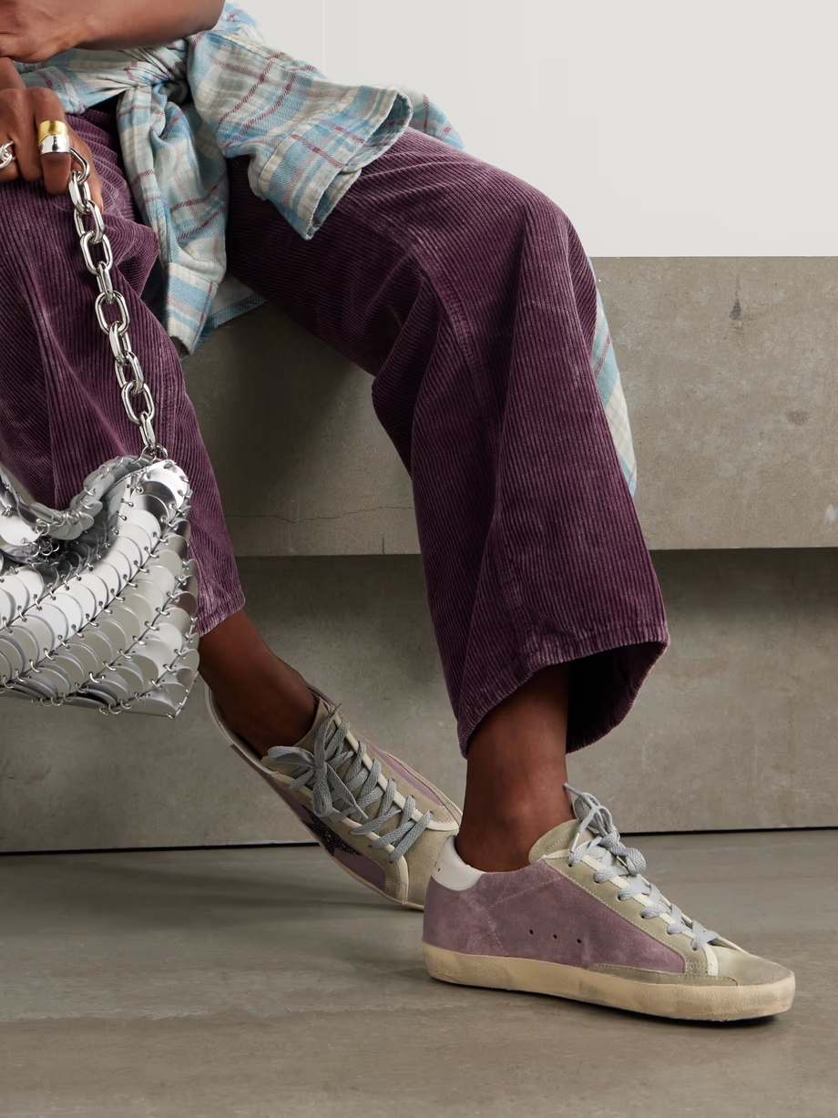 Super-Star leather-trimmed distressed glittered suede sneakers Super-Star leather-trimmed distressed glittered suede sneakers