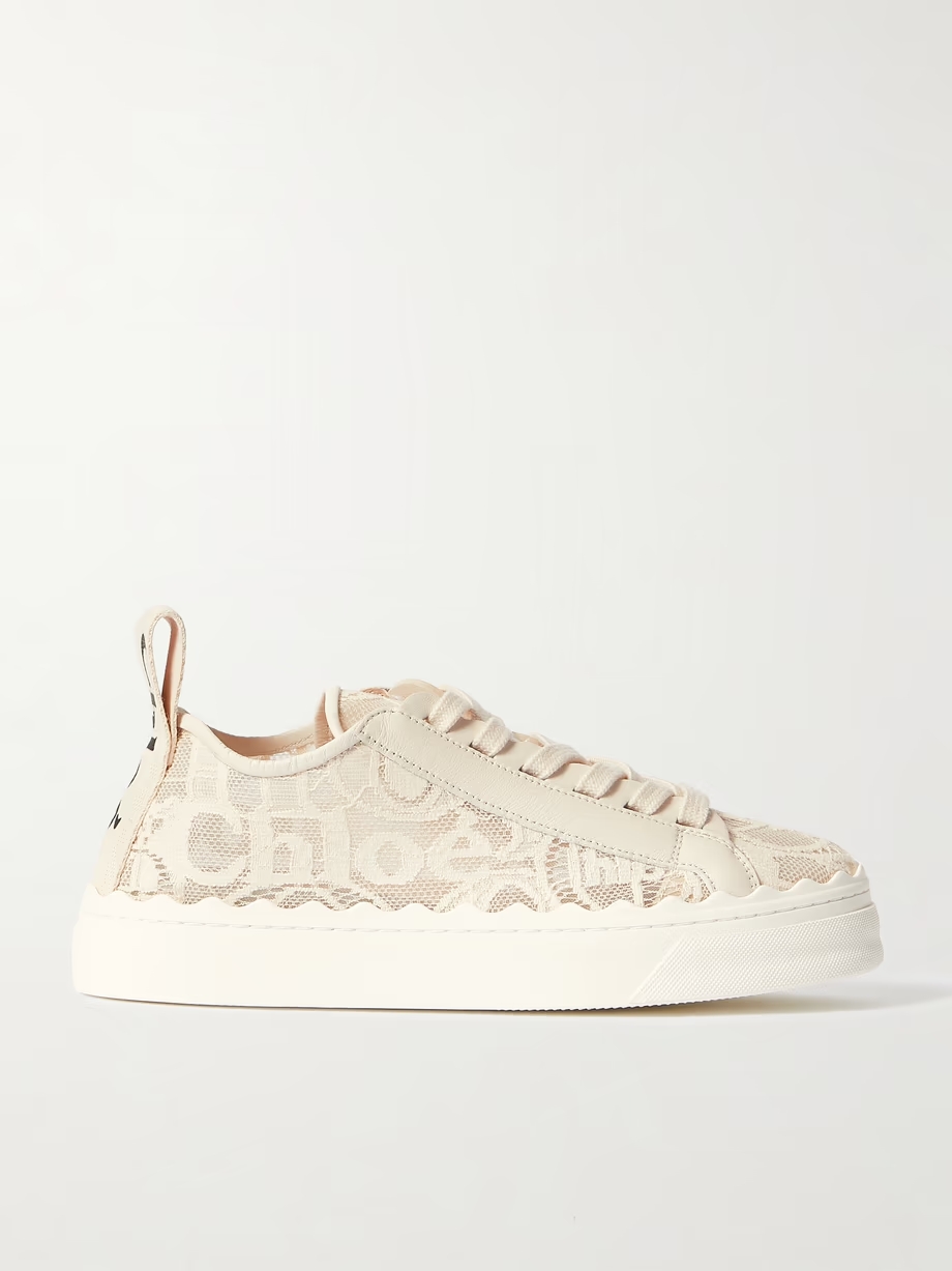 Lauren scalloped lace, leather and canvas sneakers Lauren scalloped lace, leather and canvas sneakers