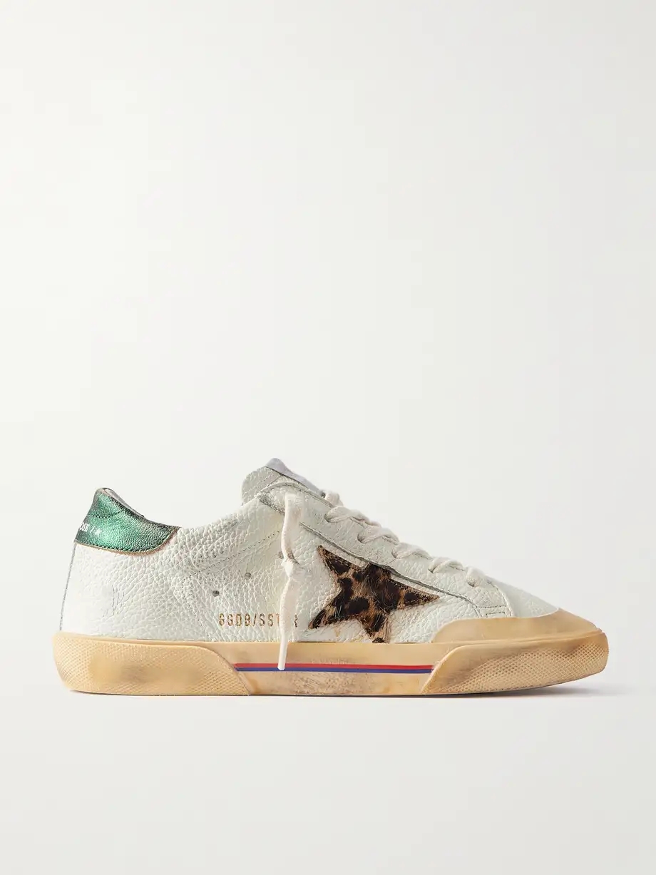 Superstar Penstar distressed leather, leopard-print-trimmed rubber sneakers Superstar Penstar distressed leather, leopard-print-trimmed rubber sneakers