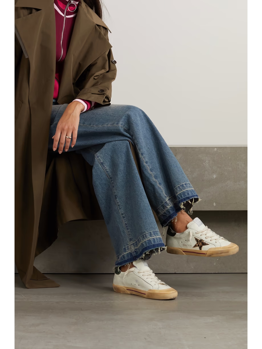 Superstar Penstar distressed leather, leopard-print-trimmed rubber sneakers Superstar Penstar distressed leather, leopard-print-trimmed rubber sneakers