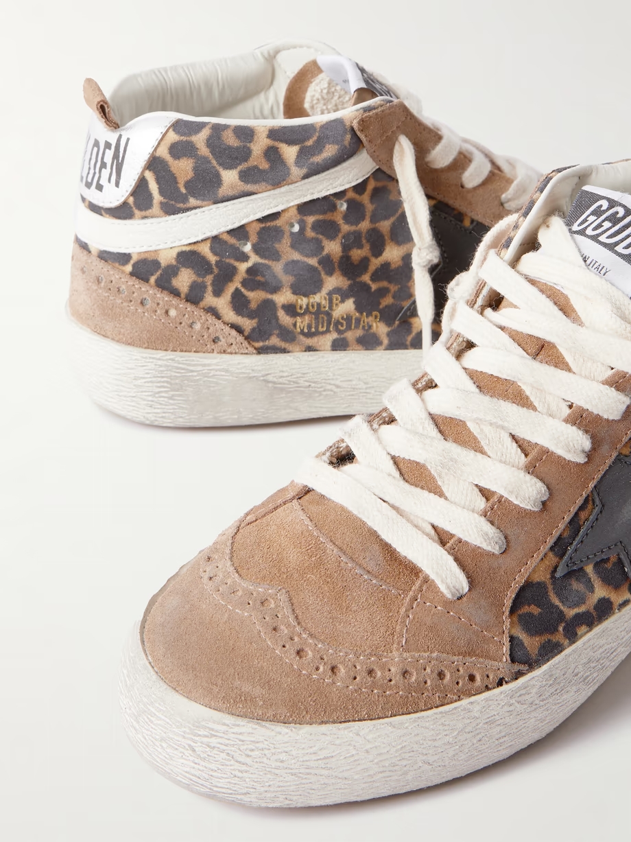 Mid Star distressed leather-trimmed leopard-print suede sneakers Mid Star distressed leather-trimmed leopard-print suede sneakers